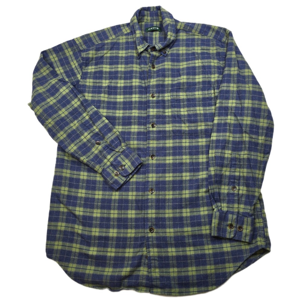 ORVIS Flannel Shirt Mens‎ Large Green Blue Plaid Button Down Long Sleeve